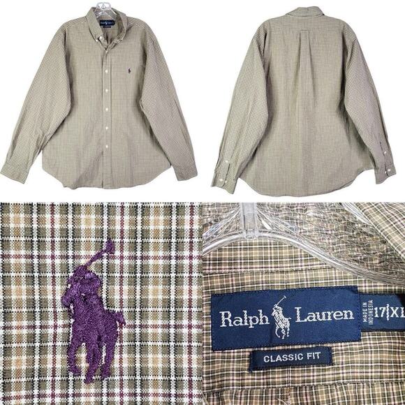 Polo Ralph Lauren Oxford Shirt Mens Size 17 XL Plaid Purple Pony LS Button Down - Picture 1 of 9